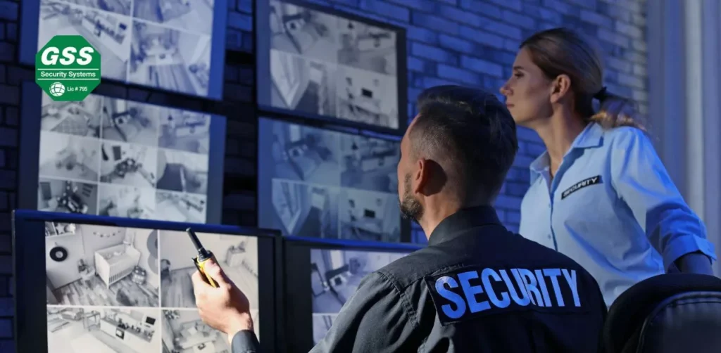 High-tech security operations center with various CCTV feeds.