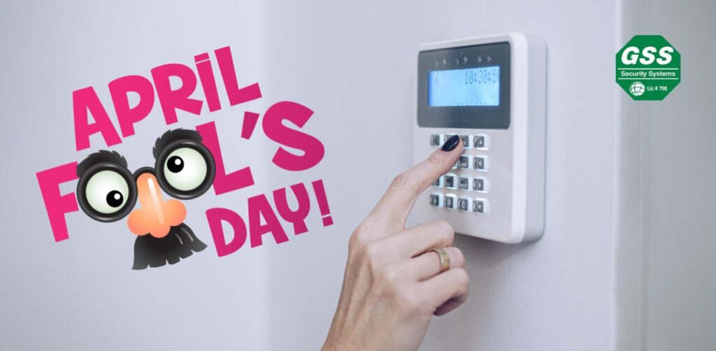 A modern home equipped with advanced security technology for April Fools' Day.