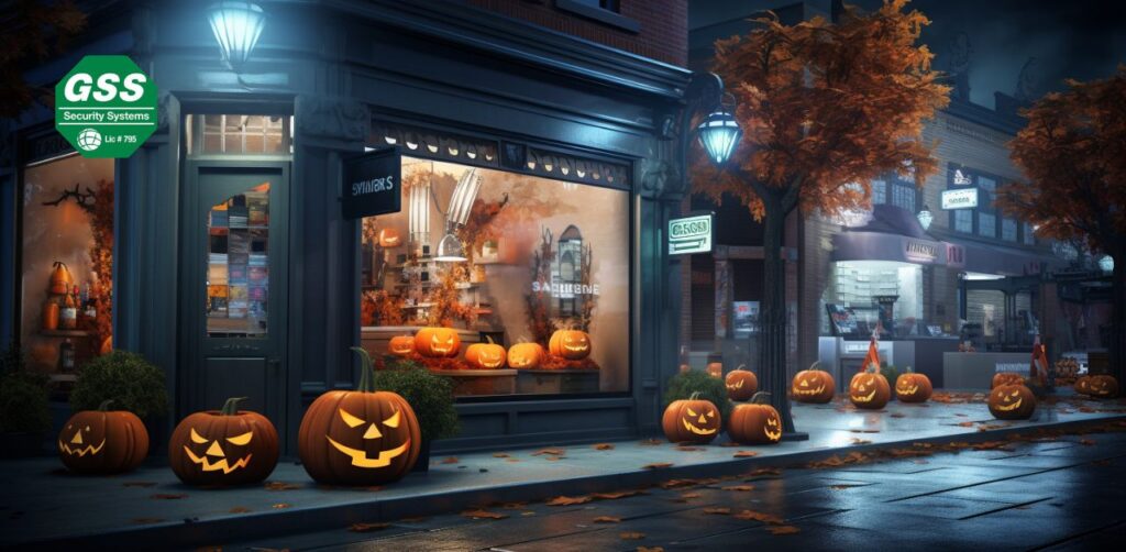 Business storefront illuminated with security features during Halloween season.