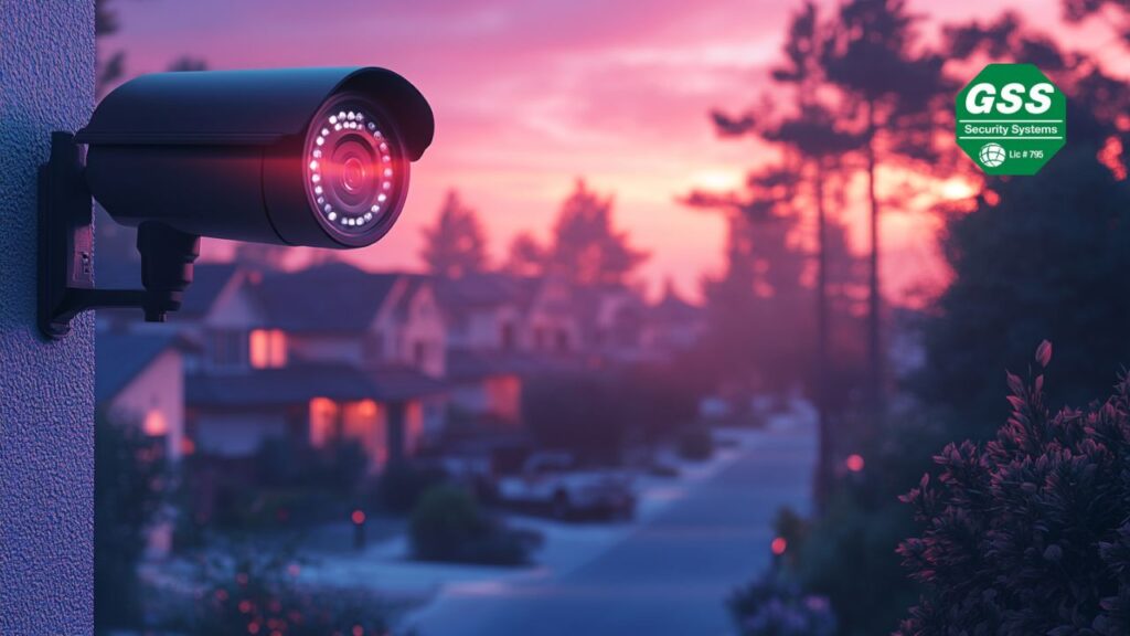 Illustration of a security system deterring crime in a neighborhood.