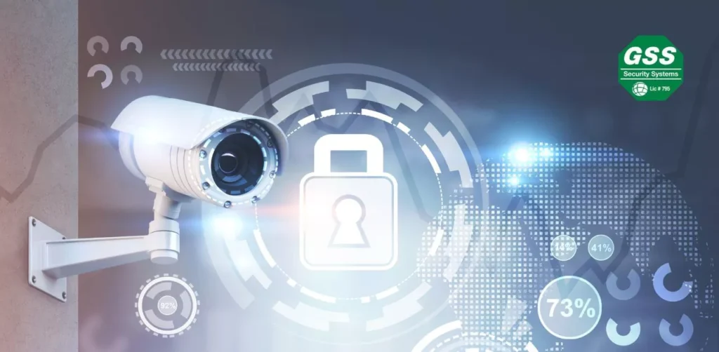 Modern business establishment with a state-of-the-art burglar alarm system at dusk.