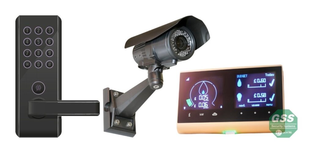 A collage of the top home security tech trends for Summer 2023.