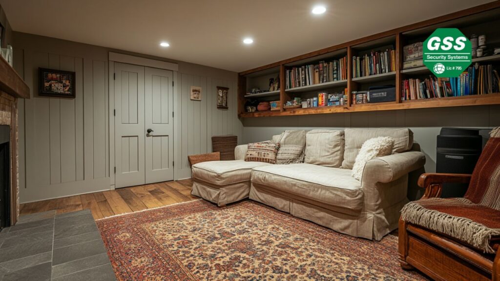 A cozy family-friendly safe room with warm lighting, a beige sectional sofa, built-in shelves filled with books and supplies, and a soft area rug on wooden flooring.
