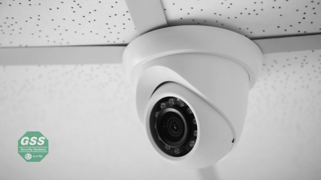 Indoor security camera monitoring a living room