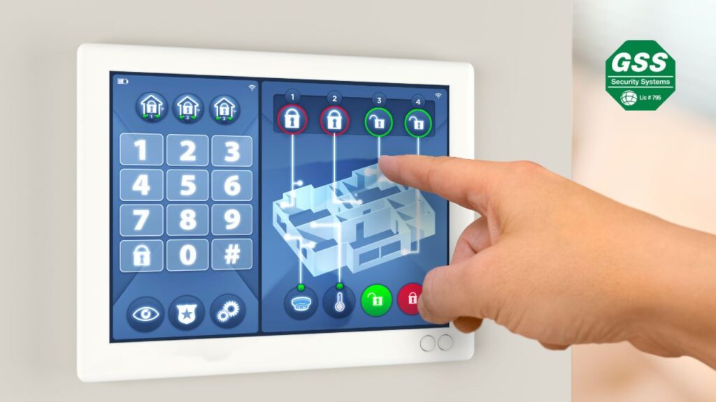 A modern home with a sleek security alarm system on the exterior wall, showcasing advanced protection technology.