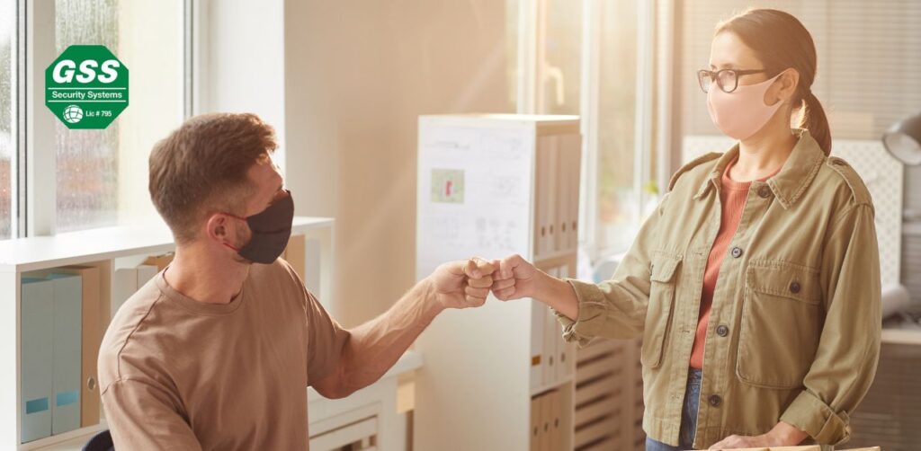 Modern office space equipped with advanced health safety and security technology.