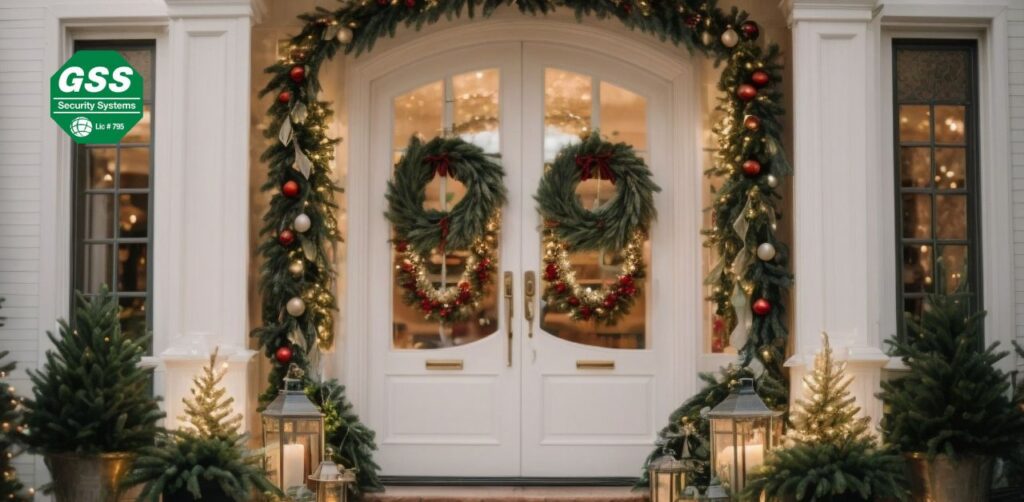 Cozy home decorated for Christmas with visible security features.