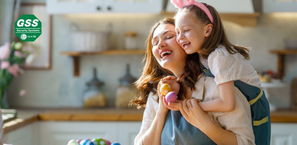 A family enjoying a secure Easter celebration in their home with Globelink security systems.