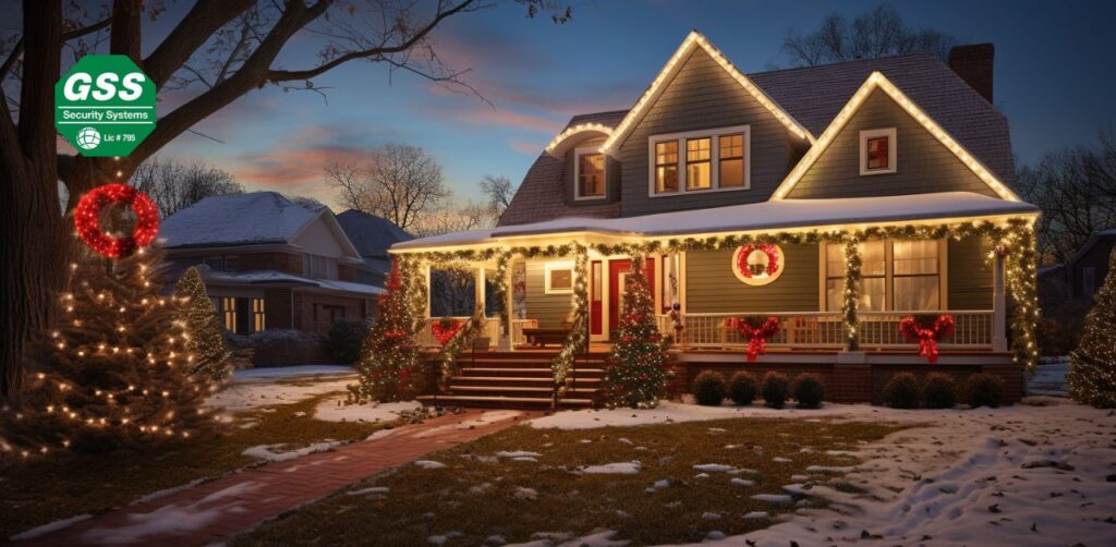 A secure home adorned with festive decorations and modern security cameras.