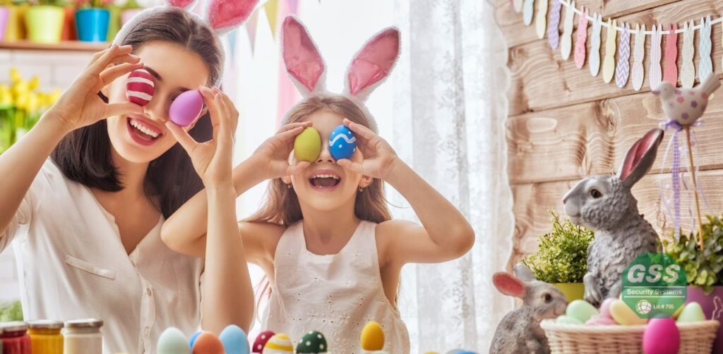 A family enjoying a secure Easter celebration at home, thanks to advanced security measures.