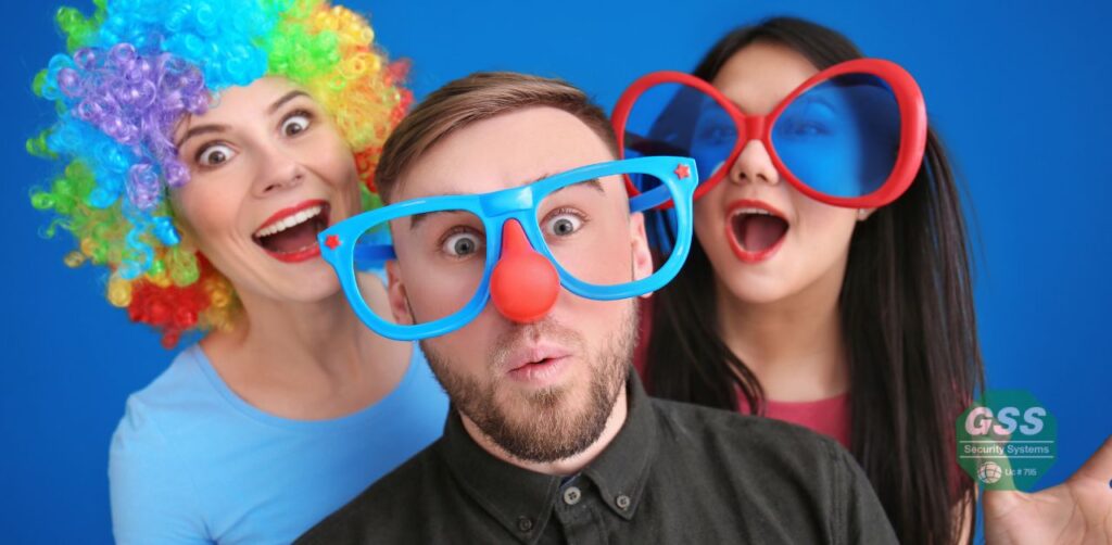 A family enjoying April Fools' Day, surrounded by security technology.