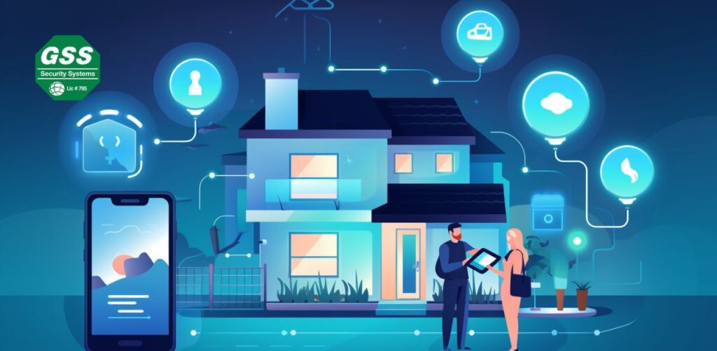 Illustration of a smart home with security cameras, smart locks, and mobile app control