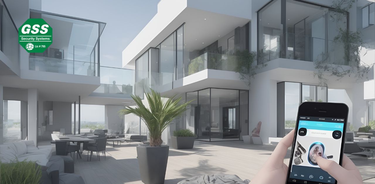 Illustration of a smart home with security cameras, smart locks, and mobile app control