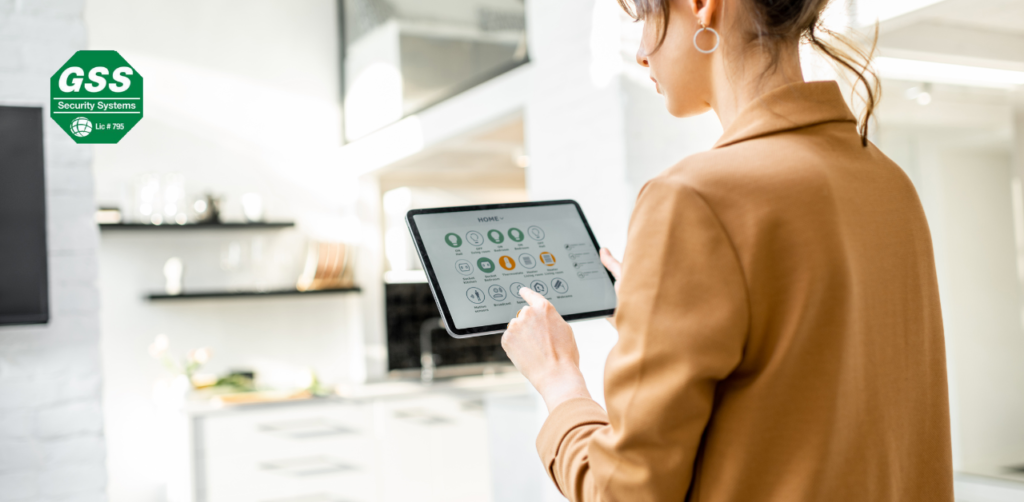 A modern smart home security system with connected devices and mobile app control.