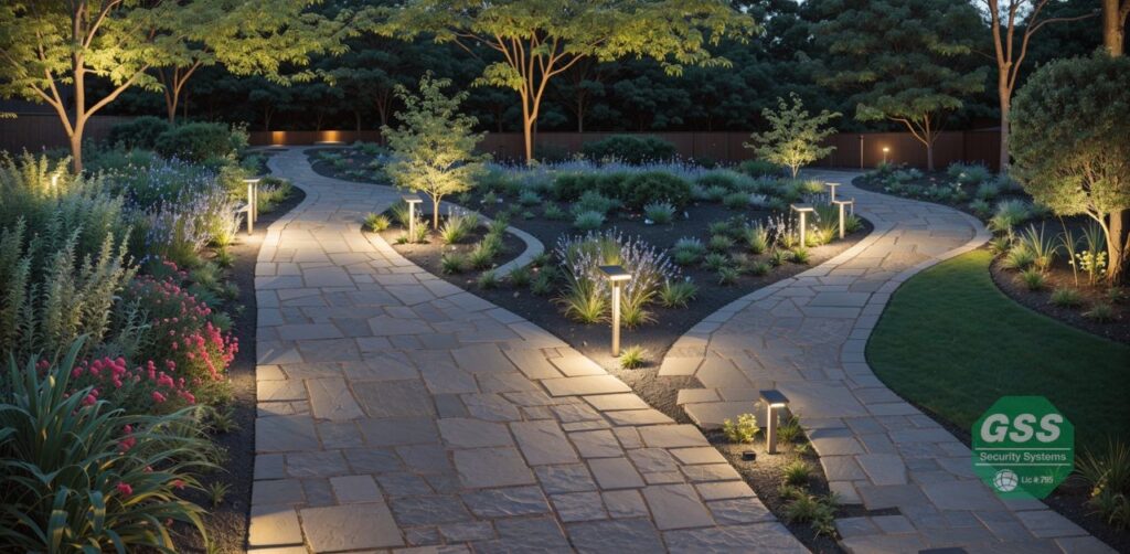 Well-placed outdoor smart lights illuminating the pathway and surrounding areas.