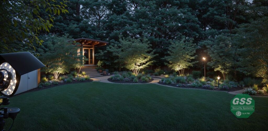 A surveillance camera capturing the view of a well-lit backyard.