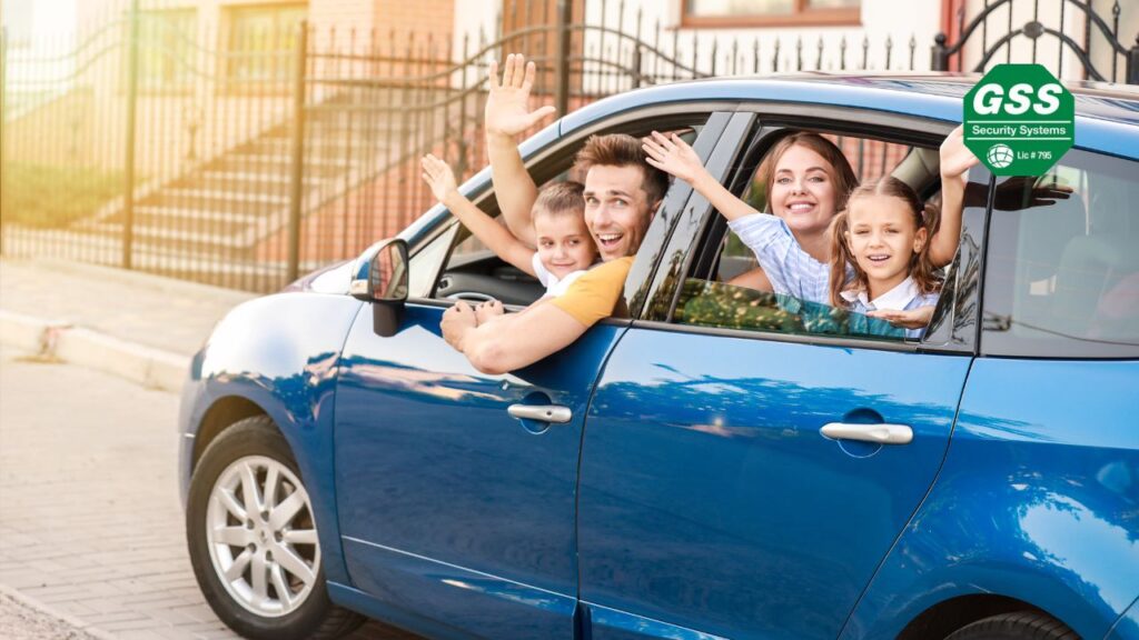 a photo of an american family traveling on thanksgiving day, the father drives, the mother is the co-driver and two children ride in the back seats