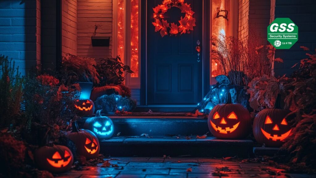 A home decorated for Halloween night