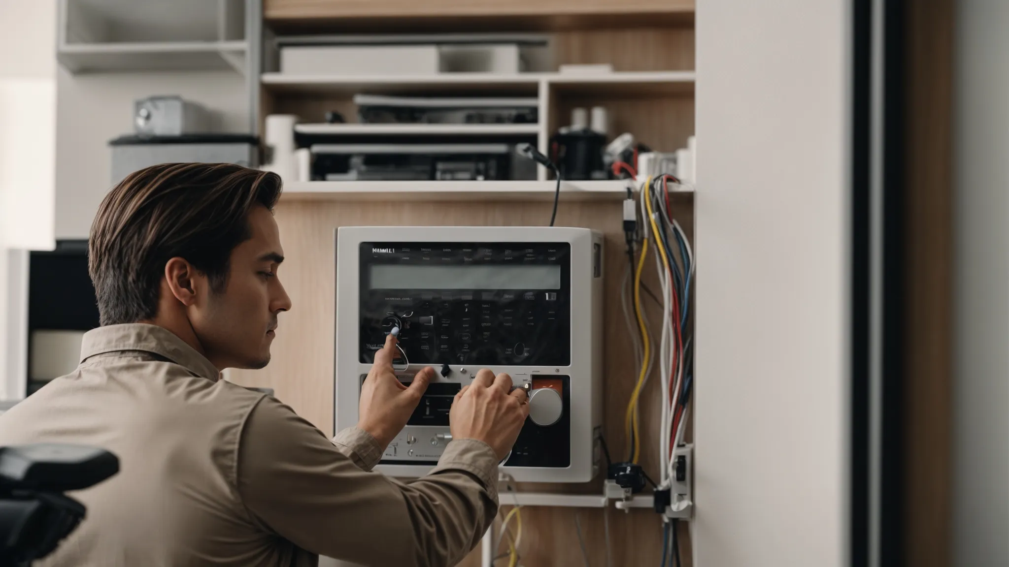 a technician expertly wires a sleek new alarm panel next to an older security system in a modern living room.