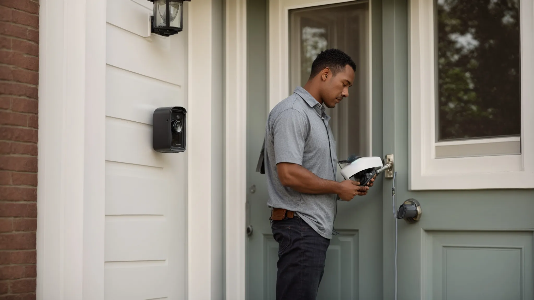 a homeowner installs a budget-friendly wireless security camera above the front door of a suburban house.