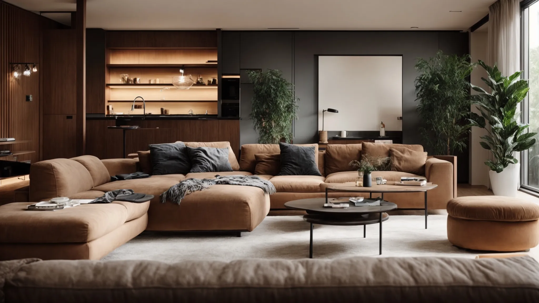 a modern, cozy apartment living room with a visible, sleek wireless alarm panel on the wall.