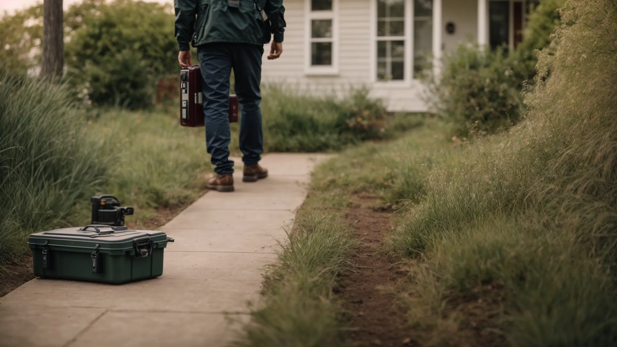 a homeowner contemplates two distinct paths, one lined with various uninstalled security devices, the other with a uniformed professional carrying a toolbox near an alarm keypad.