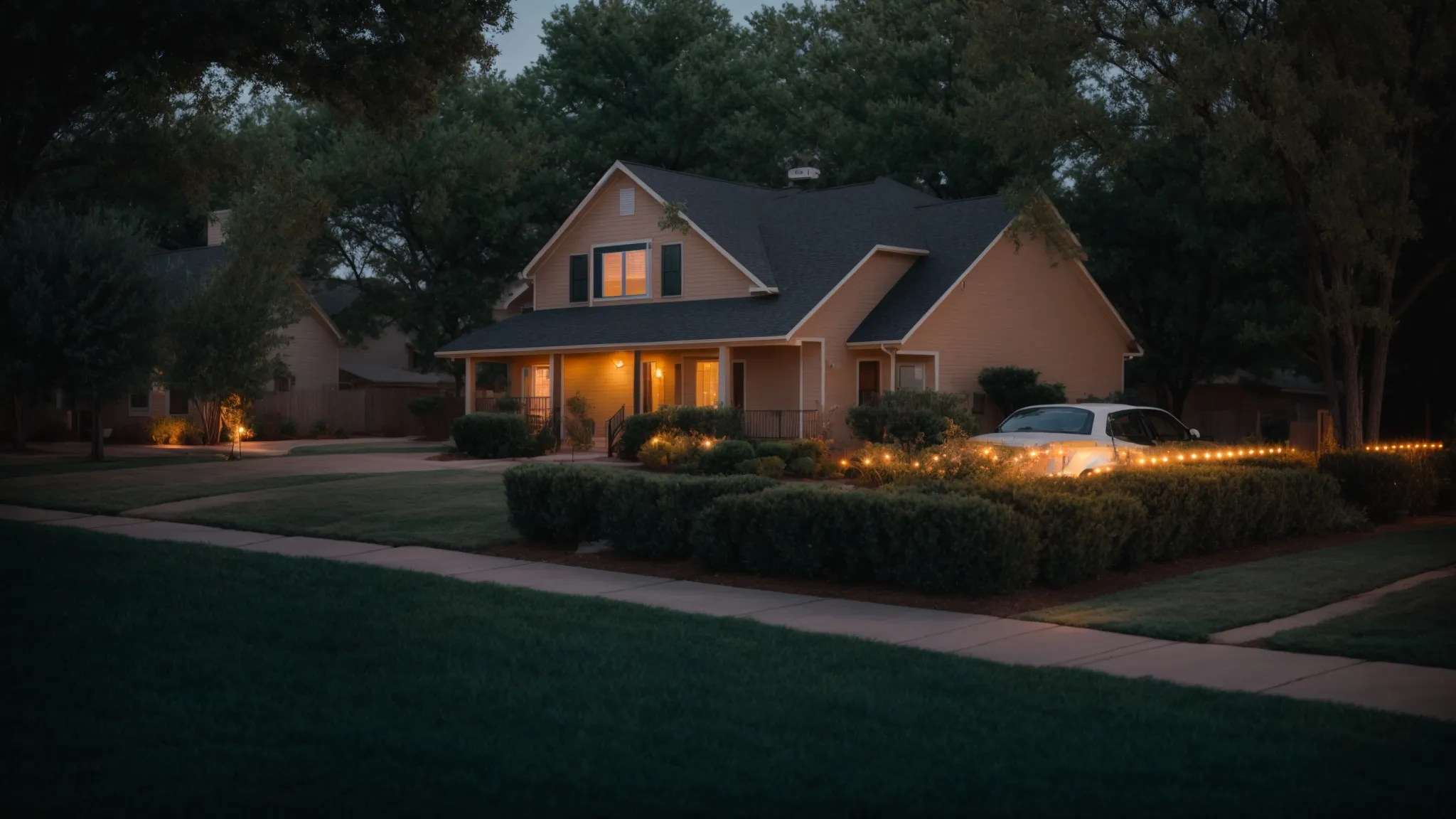 a serene neighborhood in oklahoma city at dusk, with the glow of security lights signalling the presence of home alarm systems.
