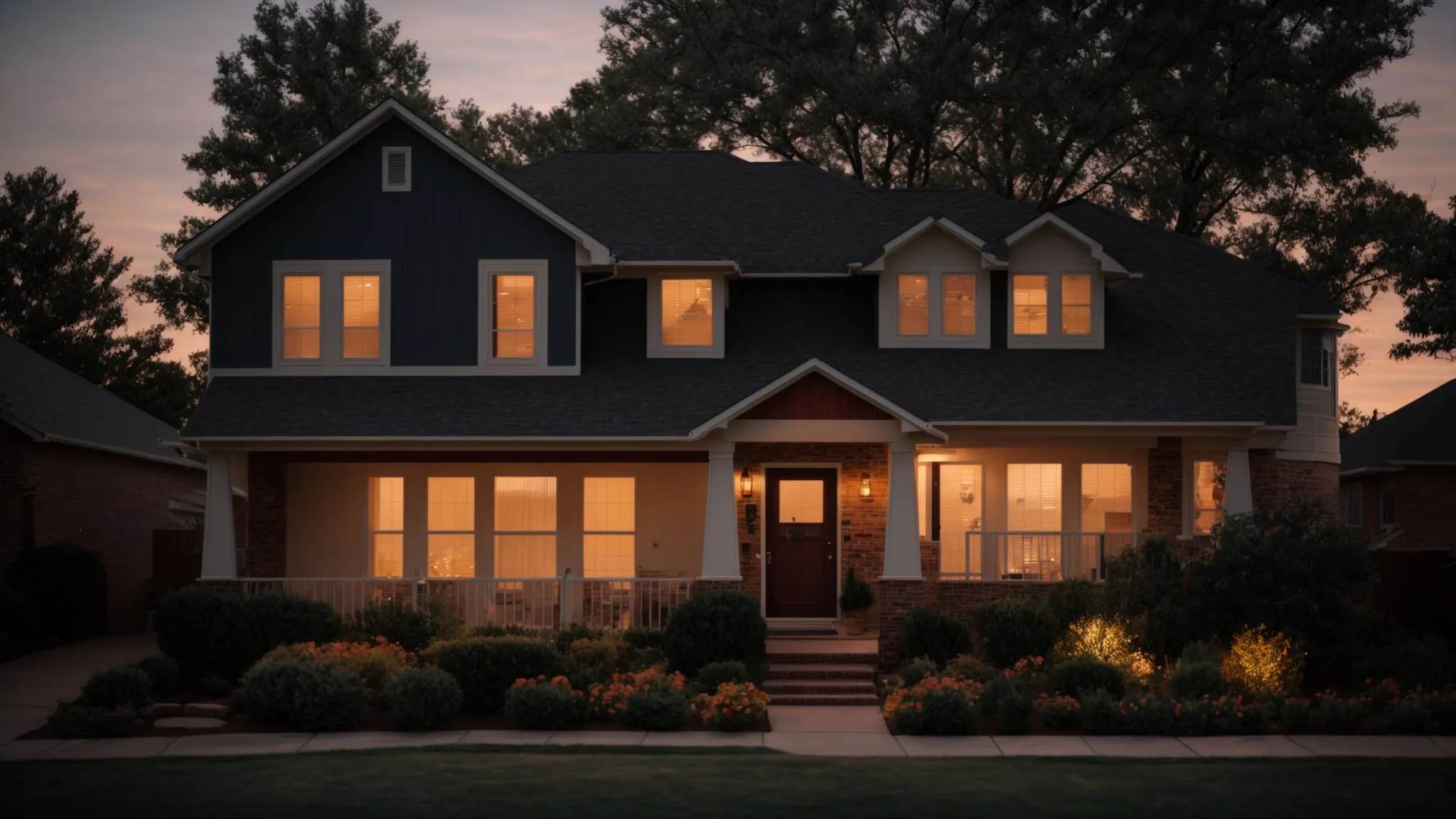 a secure suburban home in oklahoma city illuminated by the soft glow of dusk, symbolizing a protected residence with a newly installed no credit check alarm system.